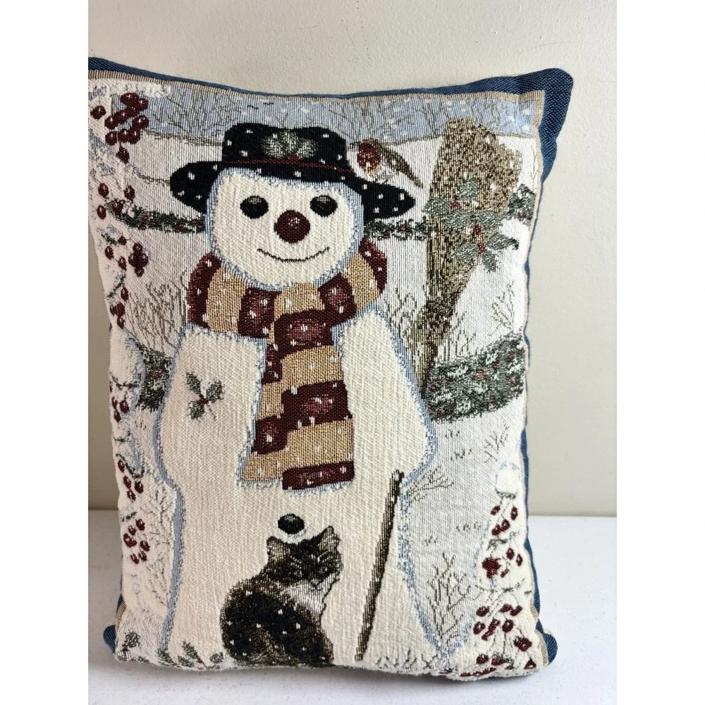 Vintage Holiday Winter Snowman Pillow Tapestry Cat Kitten Anne Mortimer 12